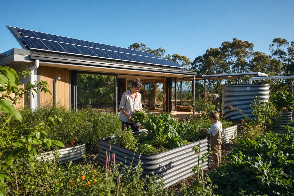 A sustainable home with solar panels and garden representing eco living